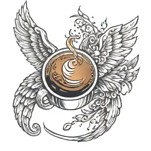 A simple coffee bean (1 simple, singular bean) surrounded by 2 angel wings and animated sparkles and “29:11” text center tattoo design idea