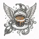 A simple coffee bean (1 simple, singular bean) surrounded by 2 angel wings and animated sparkles and “29:11” text center tattoo design idea