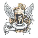 A simple coffee bean (1 simple, singular bean) surrounded by 2 angel wings and animated sparkles and “29:11” text center tattoo design idea