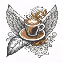 A simple coffee bean (1 simple, singular bean) surrounded by 2 angel wings and animated sparkles and “29:11” text center tattoo design idea