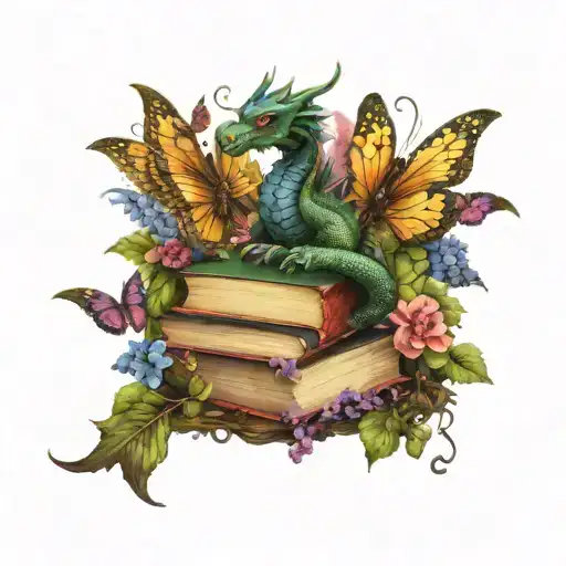 dragon on stack of open books, surrounded by butterflies, vines and flowers swirling around in dark jewel tone colors tattoo design idea