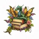 dragon on stack of open books, surrounded by butterflies, vines and flowers swirling around in dark jewel tone colors tattoo design idea