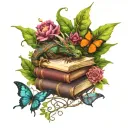 dragon on stack of open books, surrounded by butterflies, vines and flowers swirling around in dark jewel tone colors tattoo design idea