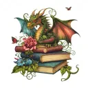 dragon on stack of open books, surrounded by butterflies, vines and flowers swirling around in dark jewel tone colors tattoo design idea