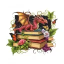 dragon on stack of open books, surrounded by butterflies, vines and flowers swirling around in dark jewel tone colors tattoo design idea