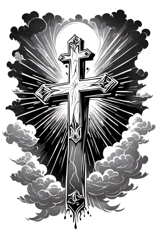 crosses at the bottom of fore arm with clouds and light rays shining to the crosses tattoo design idea