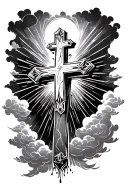 crosses at the bottom of fore arm with clouds and light rays shining to the crosses tattoo design idea