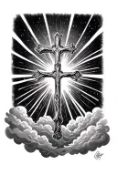 crosses at the bottom of fore arm with clouds and light rays shining to the crosses tattoo design idea