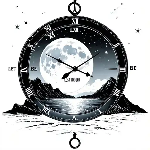 moon or a planet inside a time dial, words let it be, beach, mountain, lost in thought man(background,minimalist tattoo) tattoo design idea