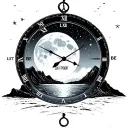 moon or a planet inside a time dial, words let it be, beach, mountain, lost in thought man(background,minimalist tattoo) tattoo design idea