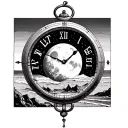 moon or a planet inside a time dial, words let it be, beach, mountain, lost in thought man(background,minimalist tattoo) tattoo design idea