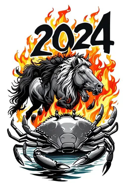 "2024" crab in water with fire and a lion and horse galloping tattoo design idea