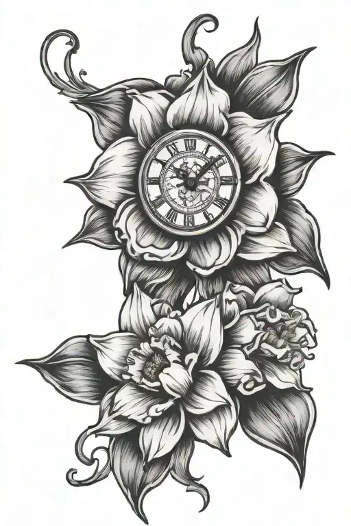 daffodil, clocks, and daughters names incorporated tattoo design idea