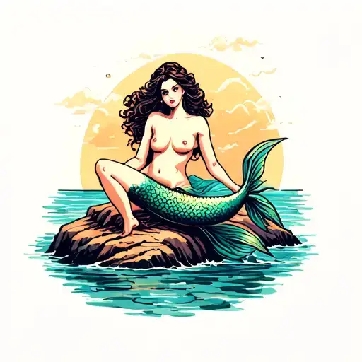 topless sensual mermaid sitting on a rock tattoo design idea