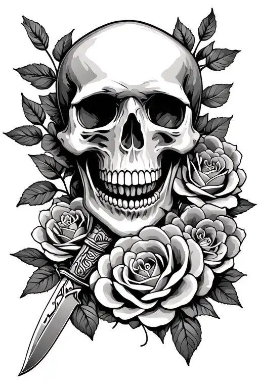 Skull, Japanese knife, Japanese roses. tattoo design idea