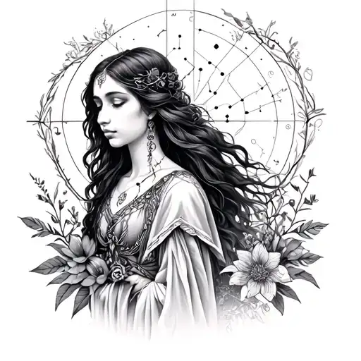 The maiden with the virgo constellation and botanical element tattoo design idea