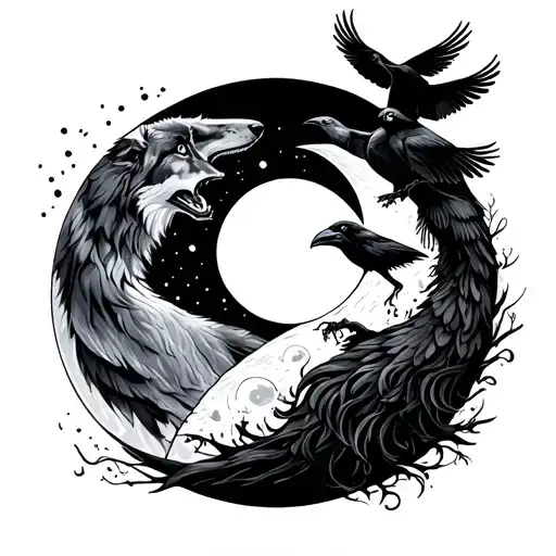 wolf and ravens from the moon phases tattoo design idea
