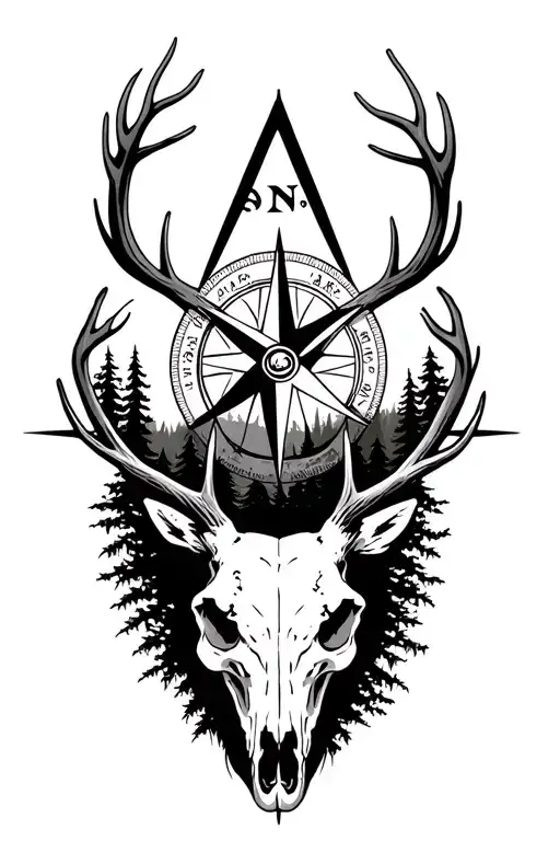 detailed compass rose surrounded by deer skull and forest tattoo design idea