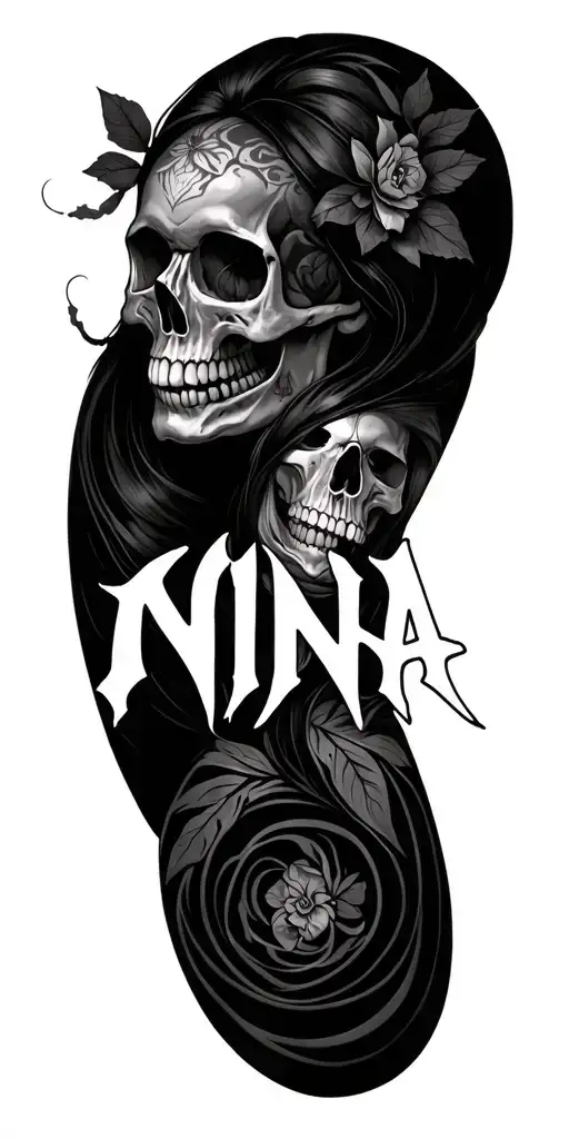 Nina text with skull surrounded tattoo design idea