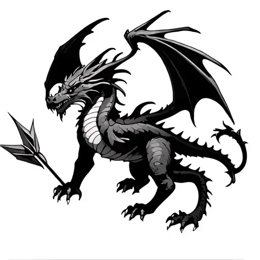 black dragon with wings, tail and four legs... , arrows  tattoo design idea