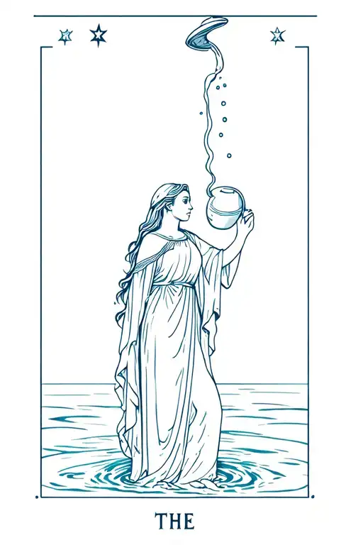 fine line water bearer goddess standing pouring water flowing out of jug above her head (the star tarot) tattoo design idea