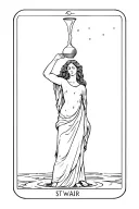 fine line water bearer goddess standing pouring water flowing out of jug above her head (the star tarot) tattoo design idea