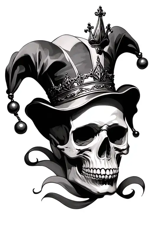 Skull, Jester hat, crown surrounded tattoo design idea