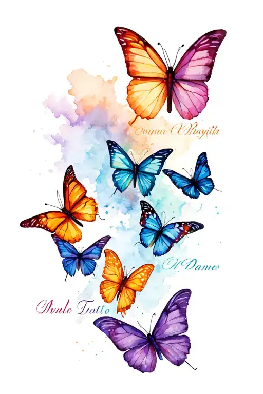 butterflies streaming with streamer and six kids names in them tattoo design idea