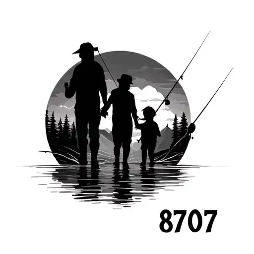 gender neutral matching mother son tattoo focusing on the number 8707 incorporating an outdoors theme (fishing, trees)  tattoo design idea
