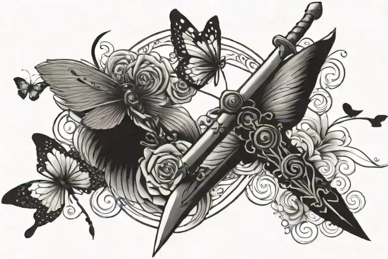 sword and butterflies flying together tattoo design idea