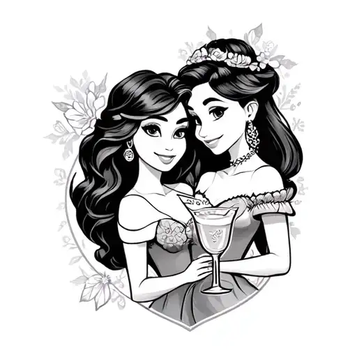 best friend tattoo with margaritas and disney princess tattoo design idea