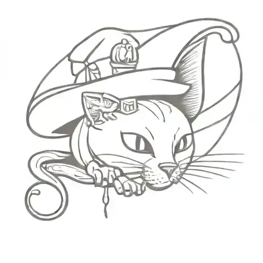 small cartoon cat on a skull wearing a witch hat  tattoo design idea