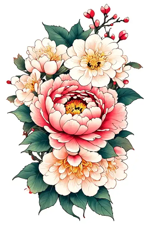 upper arm inside peonies and cherry blossom tattoo design idea