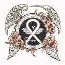 Angel wings and halo with cancer ribbon and 05-07-24 in roman numerals  tattoo design idea