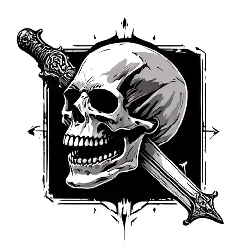 Skull with mouth open and sword going through the middle. with momento mori tattoo design idea