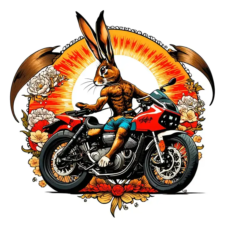 full back tattoo with a concept of a combined Sagittarius and badass rabbit riding a motorcycle tattoo design idea