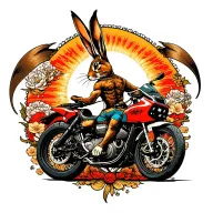 full back tattoo with a concept of a combined Sagittarius and badass rabbit riding a motorcycle tattoo design idea
