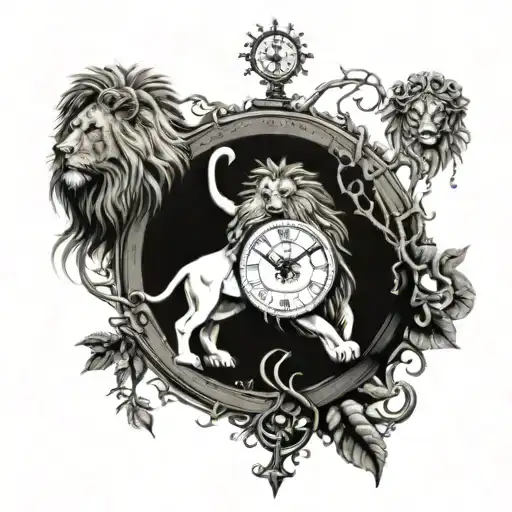 Fearless Lion with 2 young lions, Oak tree with roots string in the ground, compass, old clock with wheel chains inside tattoo design idea