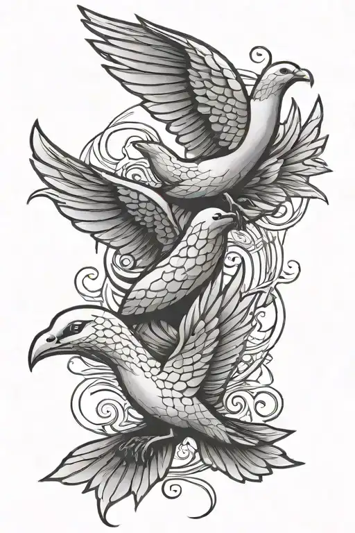 simple snake and dove or doves flying tattoo design idea