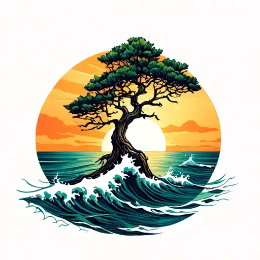 cypress tree - sea waves - sun setting tattoo design idea