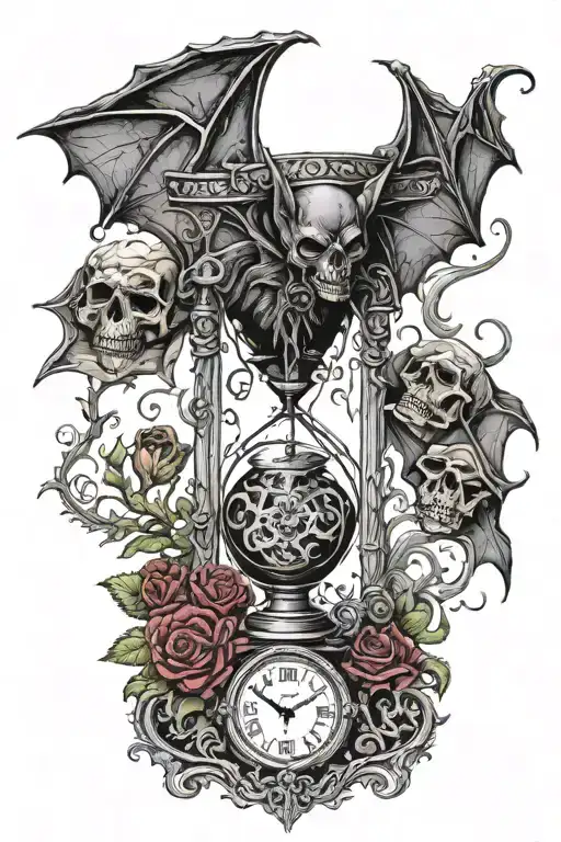 A bat wrapping an hour glass. Blood and small skulls. Terrifying dark Lovecraftian background engulfs the scene tattoo design idea