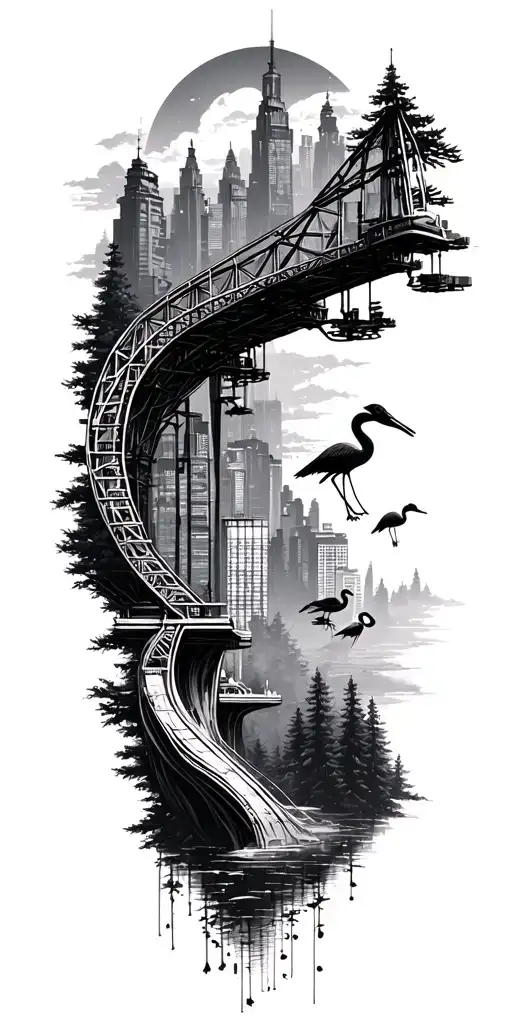 cityscape with cranes transitions into a forest scene tattoo design idea