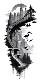 cityscape with cranes transitions into a forest scene tattoo design idea