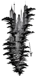 cityscape with cranes transitions into a forest scene tattoo design idea