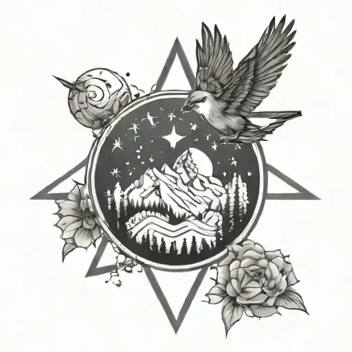 star, music, nature, bird, mountains, geometrical tattoo design idea
