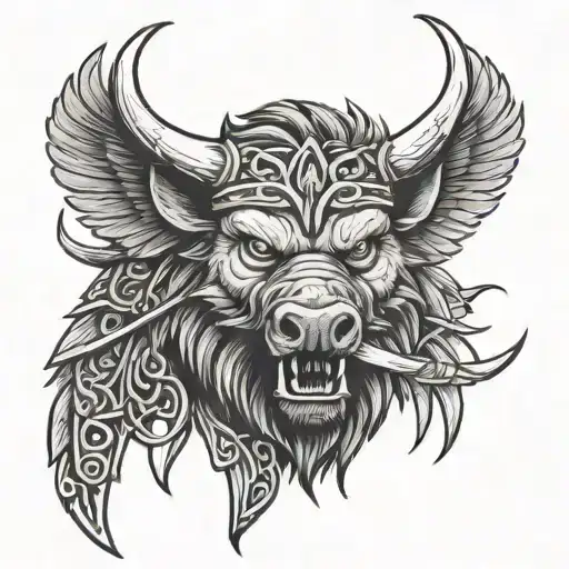 angry boar head with saint michaels sword and wings and a celtic trinity knot background  tattoo design idea
