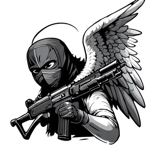 A masked angel wearing a ski mask, holding an AK-47. tattoo design idea