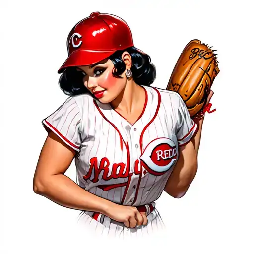 brunette pinup girl wearing a Cincinnati reds uniform. bending over. great cleavage tattoo design idea
