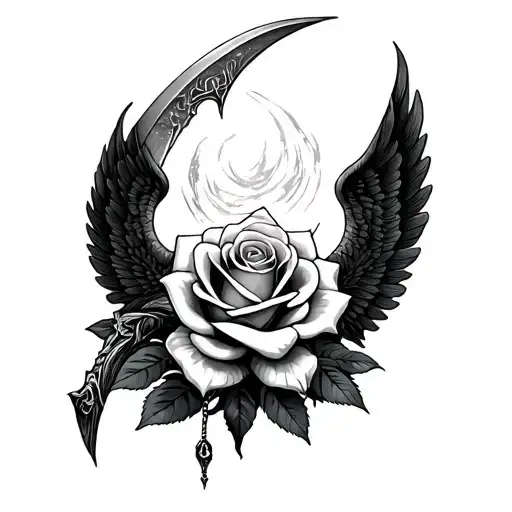Death metal, sex, bdsm, sexy, edgy, flower, rose, reaper, scythe, wings, despair tattoo design idea