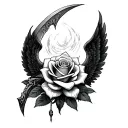 Death metal, sex, bdsm, sexy, edgy, flower, rose, reaper, scythe, wings, despair tattoo design idea